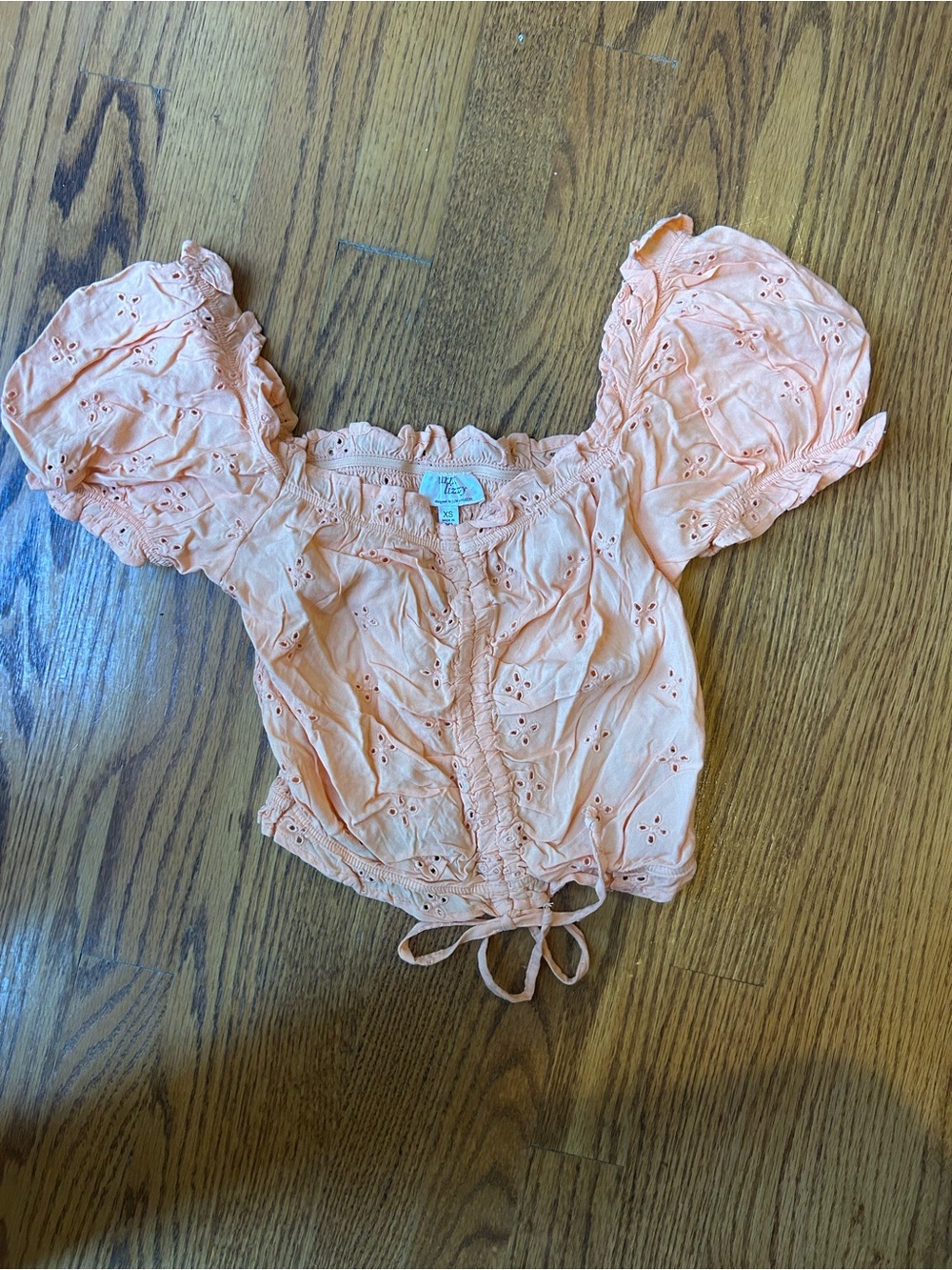 Peach Eyelet Puff-Sleeve Crop Top